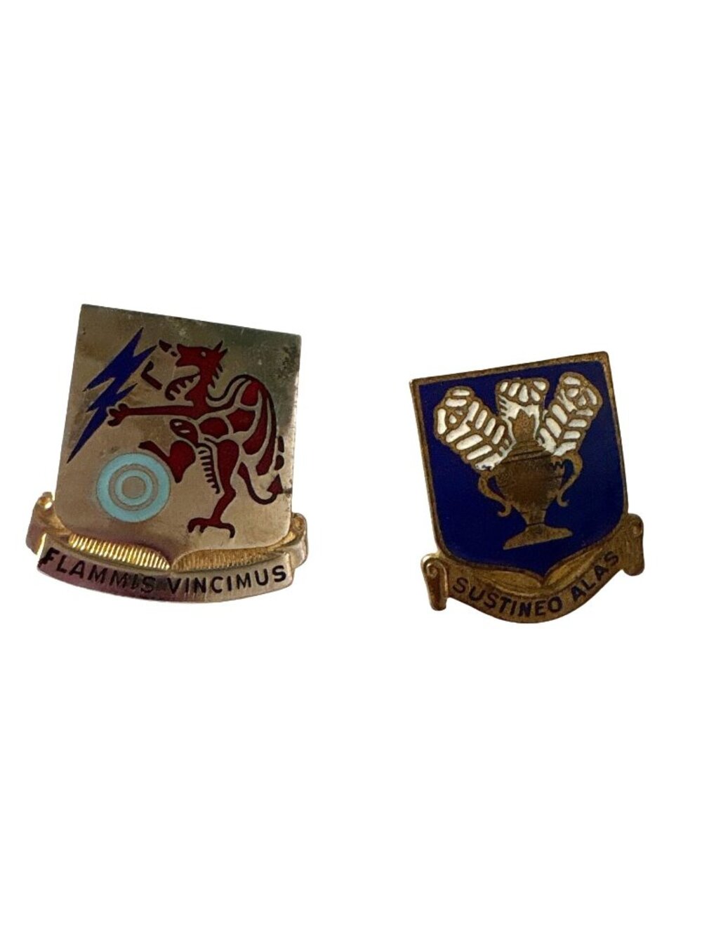 Vintage U.S. Military Unit Crest Insignia Pins - Flammis Vincimus & Sustineo Ala